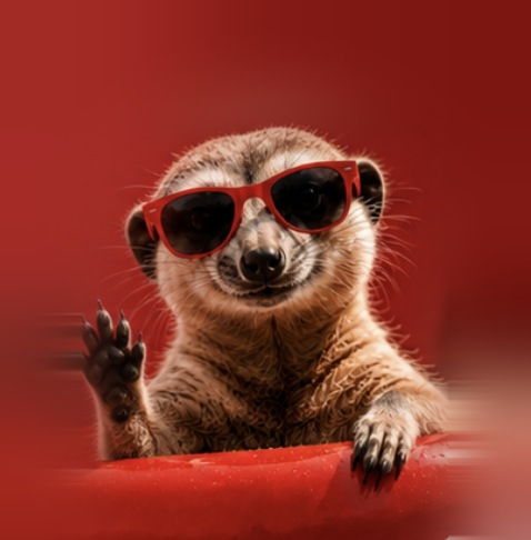 Surikaten, Hildeguns maskot, med röda solglasögon